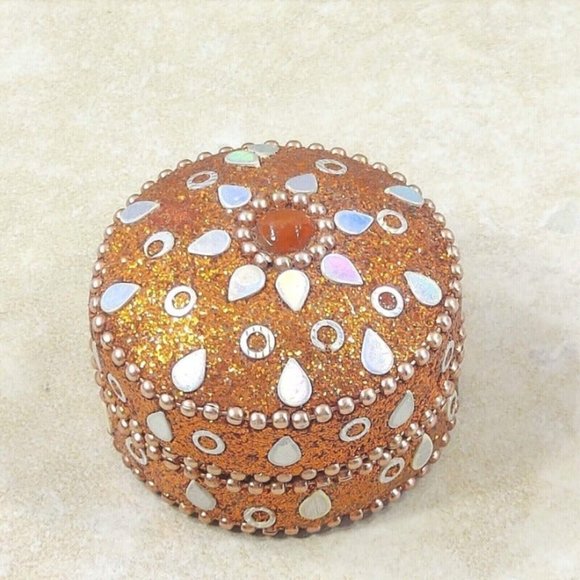 VTG Jewelry Box Orange Round Glitter Trinket Gift Beads Ornament Velvet Interior - Picture 6 of 12